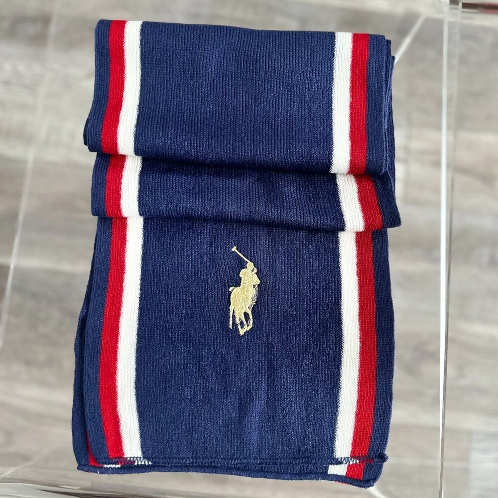 Polo Ralph Lauren Navy Red & White Striped Unisex Knit Scarf w/ Embroidered Pony